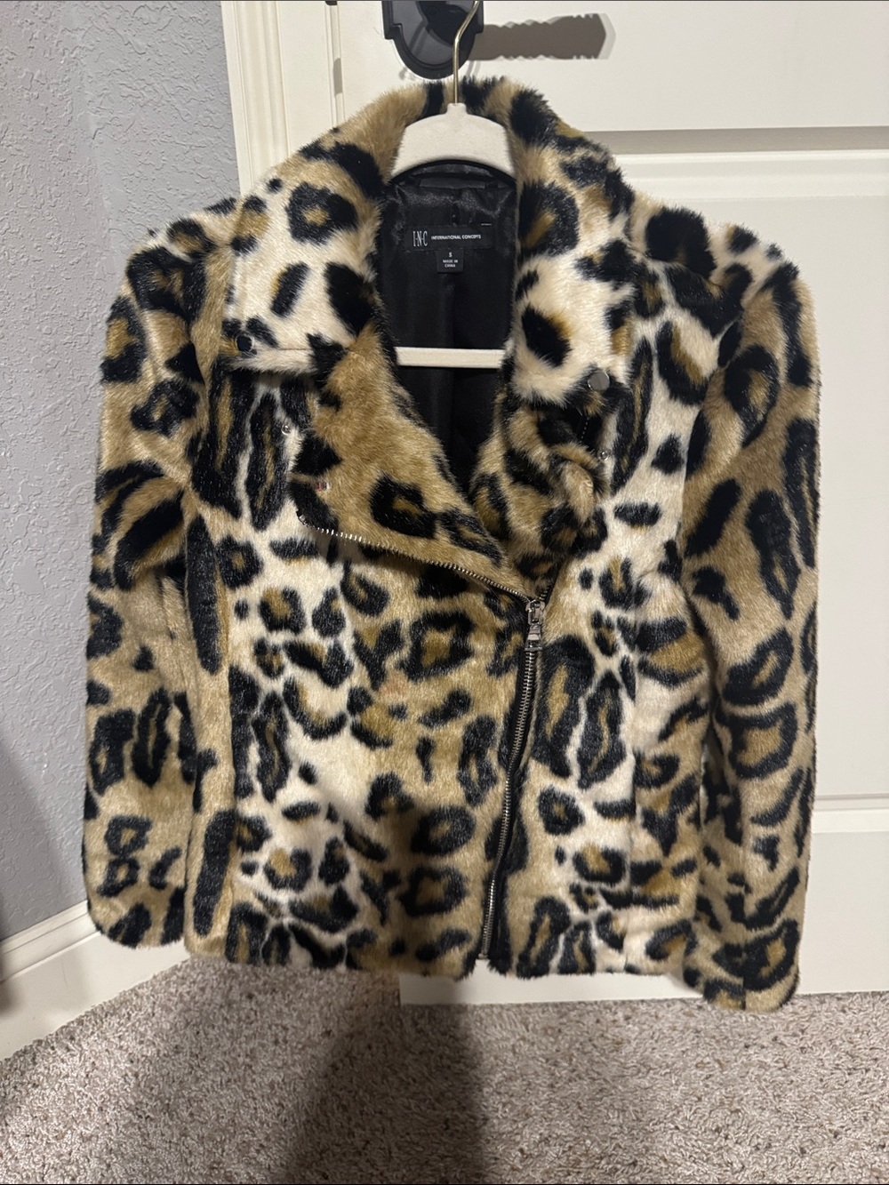 Leopard Print Faux Fur Moto Jacket - Women